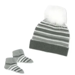 Rose Textiles Baby Hats*- Baby Grey Striped Knit Hat & Bootie Set