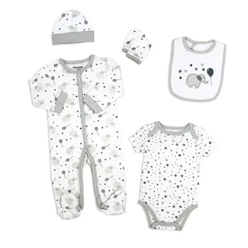 Rose Textiles Clothing Gift Set|Baby Sets*- Balloon Elephant 5 Piece Set, Grey