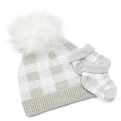 Rose Textiles Baby Hats*- Grey Buffalo Check Faux Fur Pom-Pom Beanie & Bootie