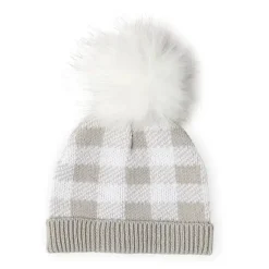Rose Textiles Baby Hats*- Grey Buffalo Check Faux Fur Pom-Pom Beanie & Bootie