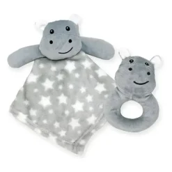 Rose Textiles Lovies, Security Blankets & Blankies*- Nunu With Ring Rattle, Grey Hippo