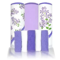 Rose Textiles Baby Bath Towels*- 8Pc Bath Set - 5 Hooded Towels W/ 3 Washcloths, Purple Floral
