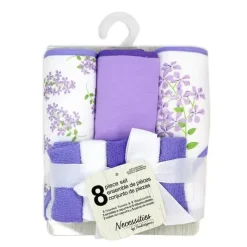 Rose Textiles Baby Bath Towels*- 8Pc Bath Set - 5 Hooded Towels W/ 3 Washcloths, Purple Floral