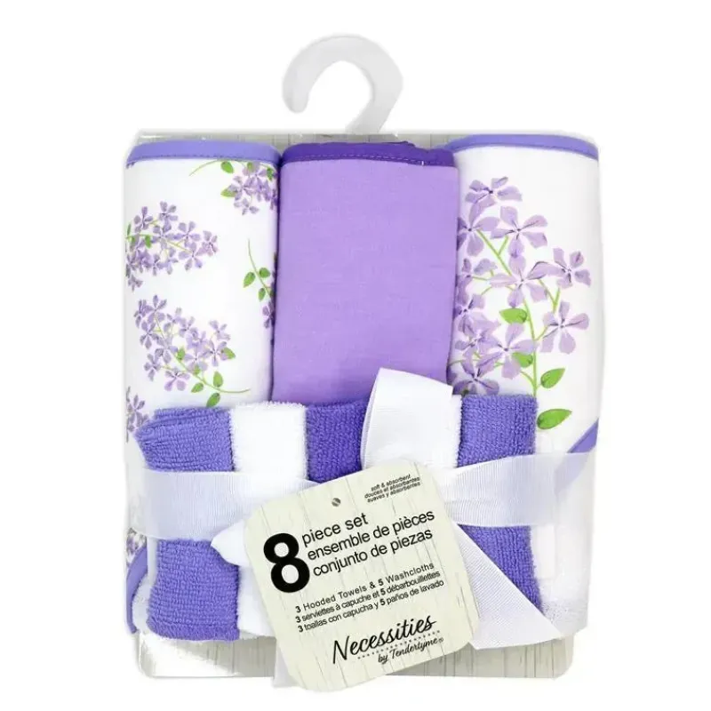 Rose Textiles Baby Bath Towels*- 8Pc Bath Set - 5 Hooded Towels W/ 3 Washcloths, Purple Floral