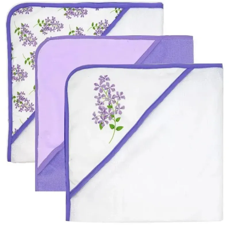 Rose Textiles Baby Bath Towels*- 8Pc Bath Set - 5 Hooded Towels W/ 3 Washcloths, Purple Floral