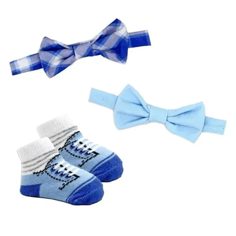 Rose Textiles Baby Hair Accessories*- 3pc Bowtie & Sock Set, Blue Plaid