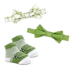 Rose Textiles Baby Hair Accessories*- 3pc Bowtie & Sock Set, Sage Plaid
