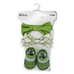 Rose Textiles Baby Hair Accessories*- 3pc Bowtie & Sock Set, Sage Plaid