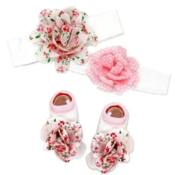 Rose Textiles Baby Hair Accessories*- 3 Pc Socks And Bowties Set, Pink Flowers