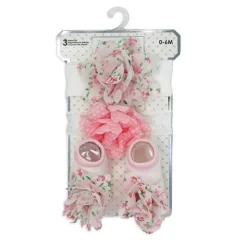 Rose Textiles Baby Hair Accessories*- 3 Pc Socks And Bowties Set, Pink Flowers