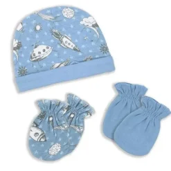 Rose Textiles Baby Hats*- 3-Piece Cap And Scratch Mitten Set, Blue Space