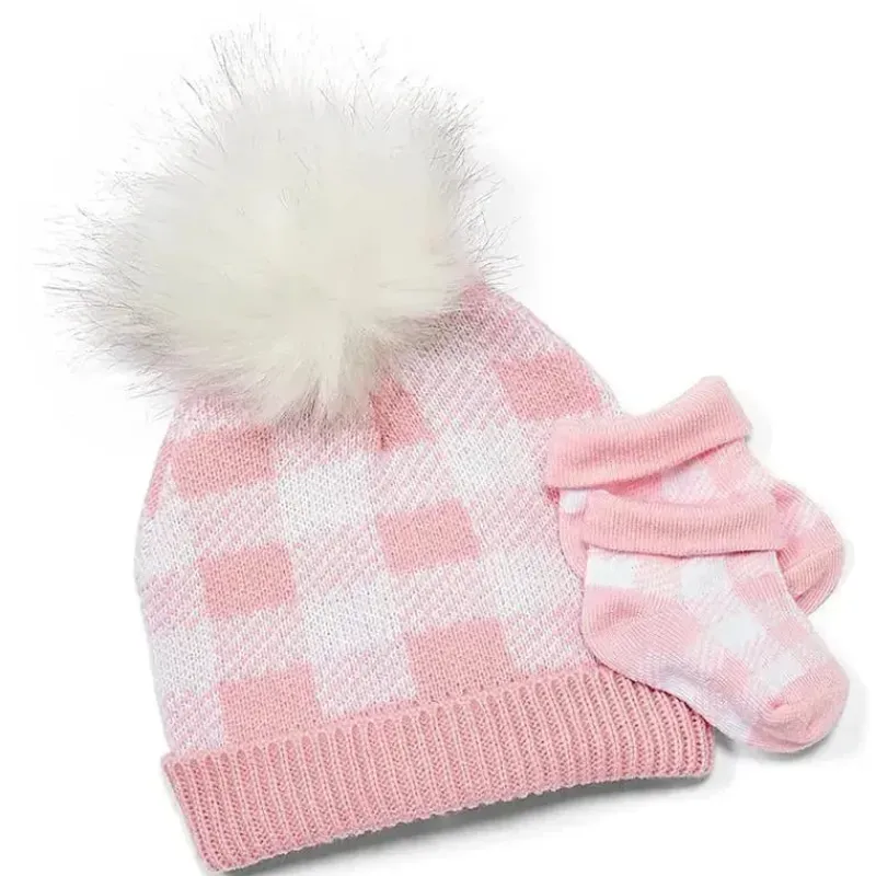 Rose Textiles Baby Hats*- Pink Buffalo Check Faux Fur Pom-Pom Beanie & Booties