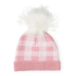 Rose Textiles Baby Hats*- Pink Buffalo Check Faux Fur Pom-Pom Beanie & Booties