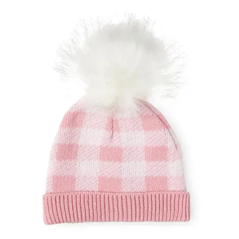 Rose Textiles Baby Hats*- Pink Buffalo Check Faux Fur Pom-Pom Beanie & Booties