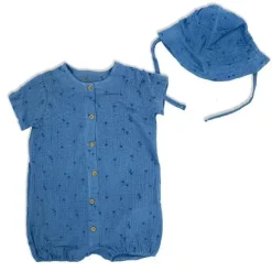 Rose Textiles Baby Sets*- 2Pk Baby Boy Muslin Romper & Hat Set, Palm Tree