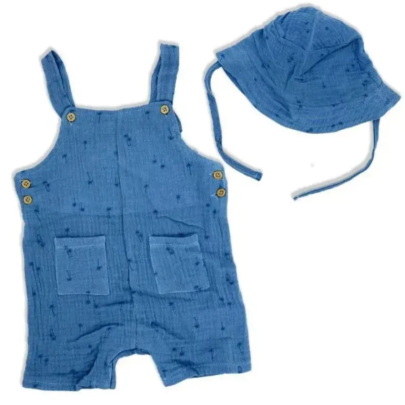 Rose Textiles Baby Sets*- 2Pk Baby Boy Muslin Dungaree & Hat Set, Palm Tree