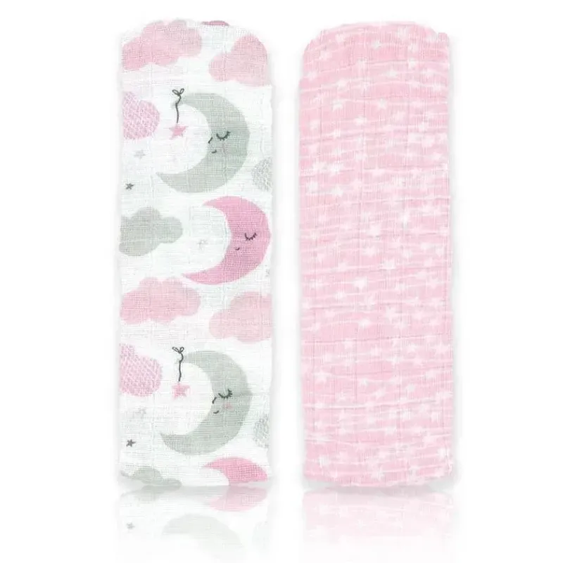 Rose Textiles Swaddles & Wearable Blankets*- 2Pk Baby Girl Muslin Swaddle Blankets, Pink Star/Wave
