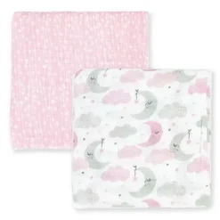 Rose Textiles Swaddles & Wearable Blankets*- 2Pk Baby Girl Muslin Swaddle Blankets, Pink Star/Wave