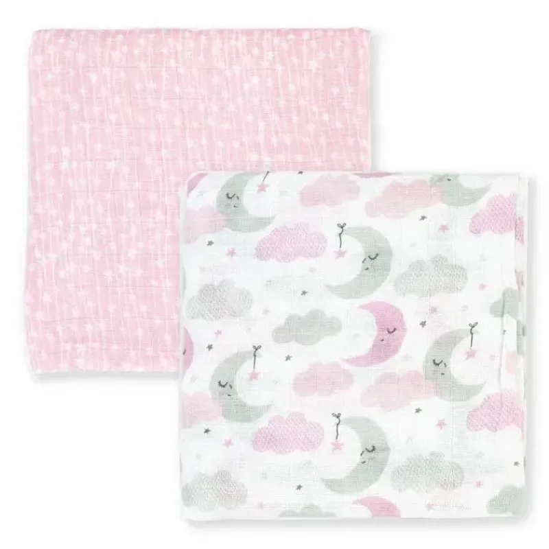 Rose Textiles Swaddles & Wearable Blankets*- 2Pk Baby Girl Muslin Swaddle Blankets, Pink Star/Wave