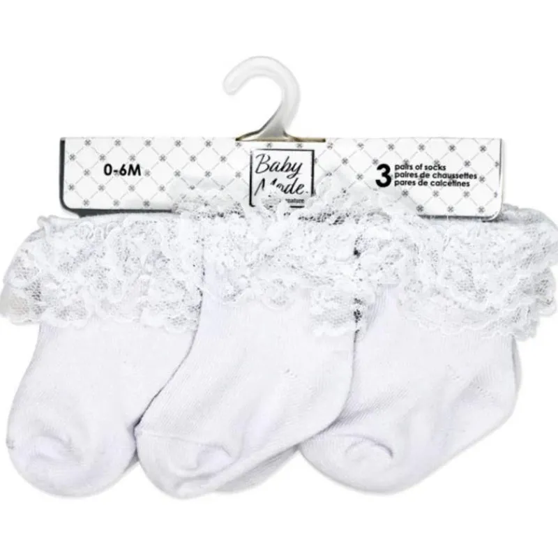 Rose Textiles Baby Gloves & Socks*- 3Pk Baby Girl Lace Trim Cuff Socks, White