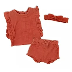 Rose Textiles Baby Sets*- 3Pk Baby Girl Muslin Short Set, Terracotta
