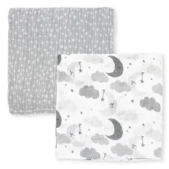 Rose Textiles Swaddles & Wearable Blankets*- 2Pk Baby Muslin Swaddle Blankets, Grey Star/Wave