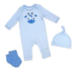Rose Textiles Baby Sets*- 3Pk Boys Waffle Coverall Set, Giraffe Blue