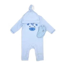 Rose Textiles Baby Sets*- 3Pk Boys Waffle Coverall Set, Giraffe Blue