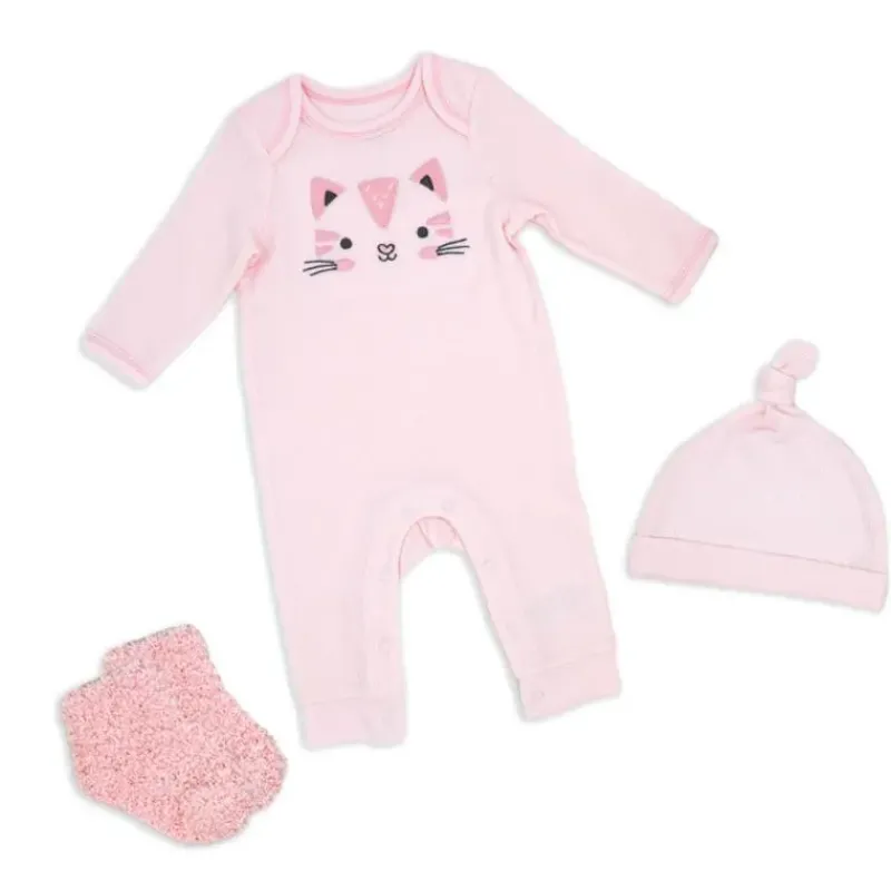 Rose Textiles Baby Sets*- 3Pk Girls Waffle Coverall Set, Kitty Pink