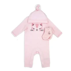 Rose Textiles Baby Sets*- 3Pk Girls Waffle Coverall Set, Kitty Pink