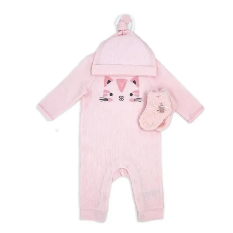 Rose Textiles Baby Sets*- 3Pk Girls Waffle Coverall Set, Kitty Pink
