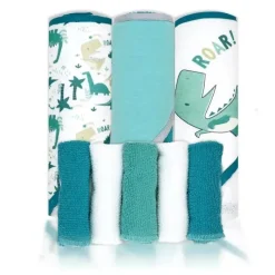 Rose Textiles Baby Bath Towels*- 8Pc Bath Set - 5 Hooded Towels W/ 3 Washcloths, Dino