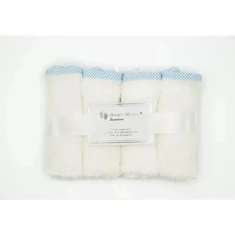 Rose Textiles Baby Washcloths*White w/ Blue Striped Trim Baby Washcloths