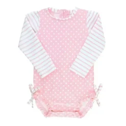 RuffleButts Baby Swimming Clothes*- Baby Girl Long Sleeve One Piece Rash Guard, Pink Polka