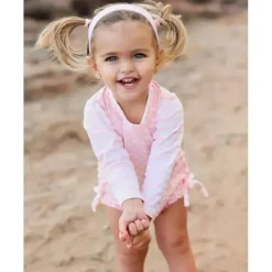RuffleButts Baby Swimming Clothes*- Baby Girl Long Sleeve One Piece Rash Guard, Pink Polka