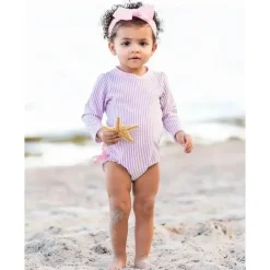 RuffleButts Baby Swimming Clothes*- Baby Girl Seersucker One Piece Rash Guard, Lilac