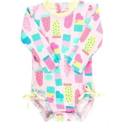 RuffleButts Baby Swimming Clothes*- Baby Girl Social One Piece Rash Guard, Ice Cream