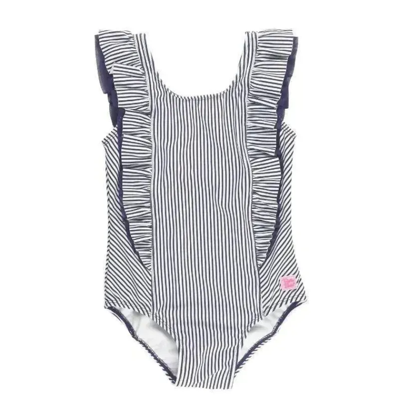 RuffleButts Baby Swimming Clothes*- Baby Girl Stripe Waterfall One Piece, Navy