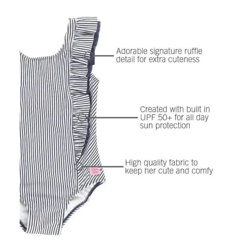 RuffleButts Baby Swimming Clothes*- Baby Girl Stripe Waterfall One Piece, Navy
