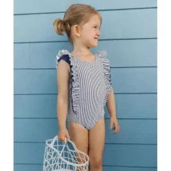RuffleButts Baby Swimming Clothes*- Baby Girl Stripe Waterfall One Piece, Navy