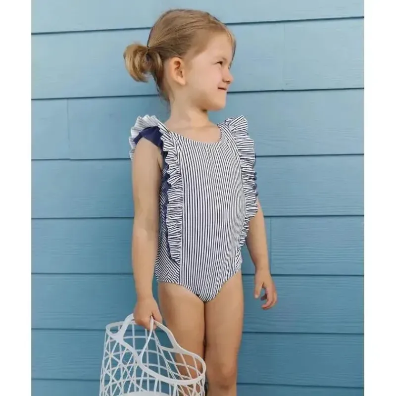 RuffleButts Baby Swimming Clothes*- Baby Girl Stripe Waterfall One Piece, Navy