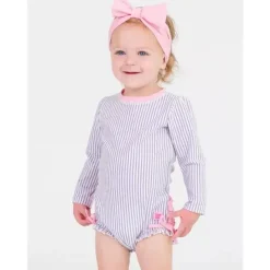 RuffleButts Baby Swimming Clothes*- Baby Girls Lavender Seersucker Long Sleeve One Piece Rash Guard, Purple