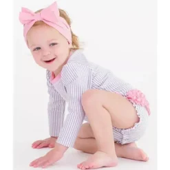 RuffleButts Baby Swimming Clothes*- Baby Girls Lavender Seersucker Long Sleeve One Piece Rash Guard, Purple