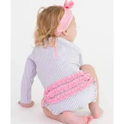 RuffleButts Baby Swimming Clothes*- Baby Girls Lavender Seersucker Long Sleeve One Piece Rash Guard, Purple
