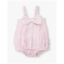 RuffleButts Baby One-Pieces*- Baby Girls Pink Seersucker Bow Front Woven Bubble Romper