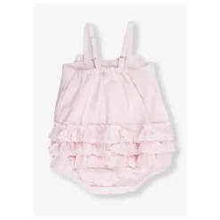 RuffleButts Baby One-Pieces*- Baby Girls Pink Seersucker Bow Front Woven Bubble Romper