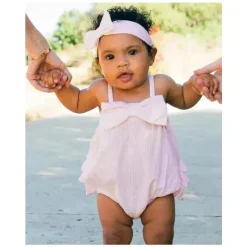 RuffleButts Baby One-Pieces*- Baby Girls Pink Seersucker Bow Front Woven Bubble Romper