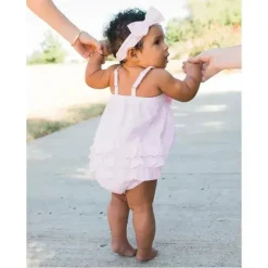 RuffleButts Baby One-Pieces*- Baby Girls Pink Seersucker Bow Front Woven Bubble Romper