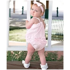RuffleButts Baby One-Pieces*- Baby Girls Pink Seersucker Bow Front Woven Bubble Romper