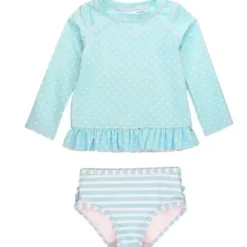 RuffleButts Baby Swimming Clothes*- Baby Tropical Breeze Heart Polka Long Sleeve Rash Guard Bikini